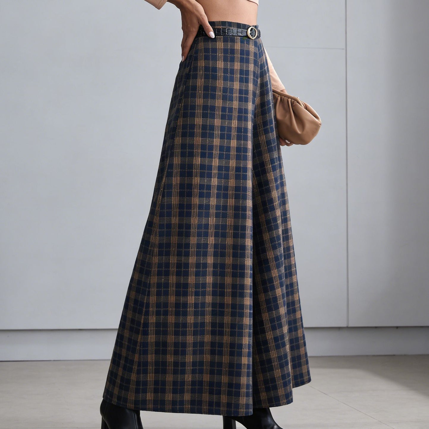 Wide-leg A-line High-waisted Plaid Pants