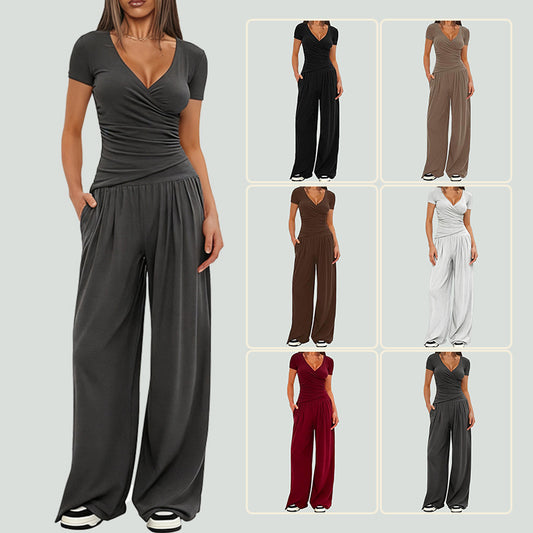 Women's Short-sleeve Sportswear And Wide-leg Pants Set
