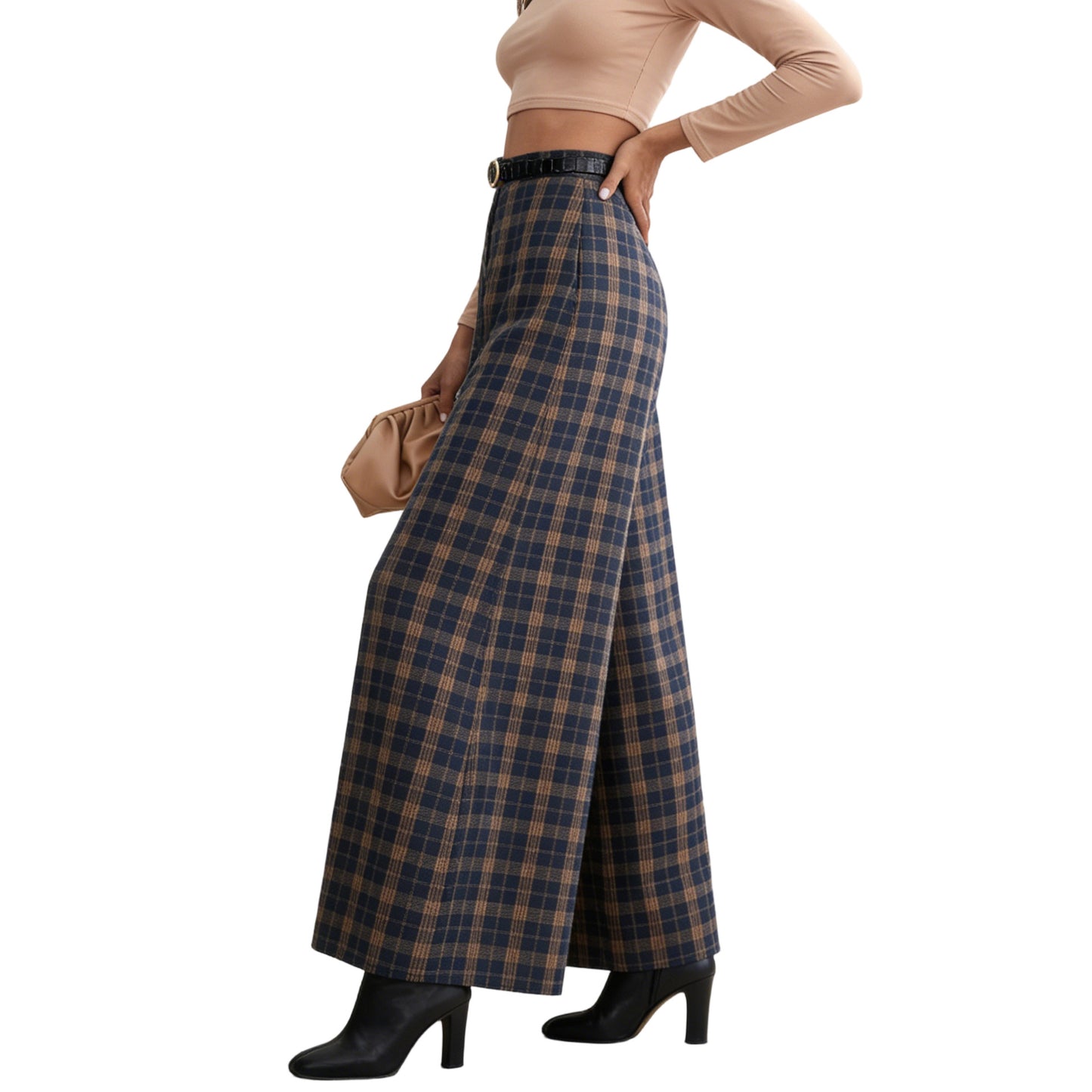 Wide-leg A-line High-waisted Plaid Pants