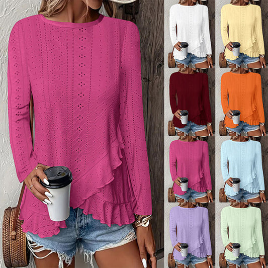 Women Eyelet Long Sleeve Tops Shirts Dressy Casual Crew Neck Ruffle Hem Blouses