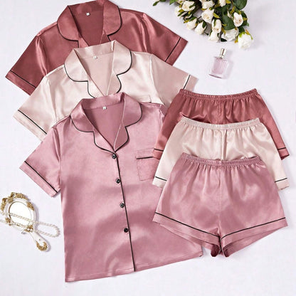 Short-sleeve Satin Three-piece And Six-piece Pajama Sets