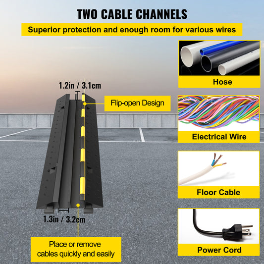 VEVOR Rubber Cable Protectors Heavy Duty Wire Hose Cord Protective Cover Ramps Floor Driveway Speed Bump, 3 Pack 2 Channel 11000lbs
