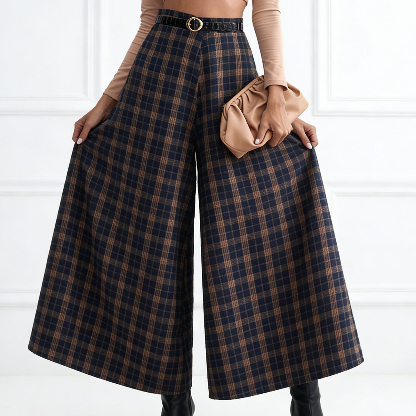 Wide-leg A-line High-waisted Plaid Pants