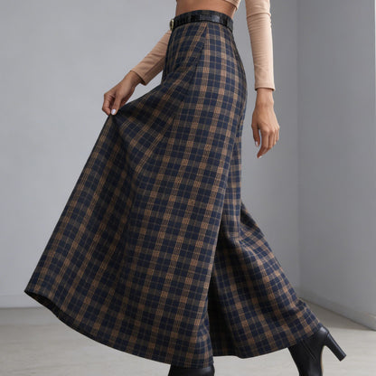 Wide-leg A-line High-waisted Plaid Pants