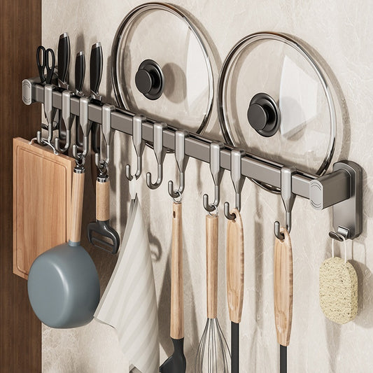 Removable No-drill Kitchen Hanging Rod With Row Of Hooks For Storing Spatulas And Spoons