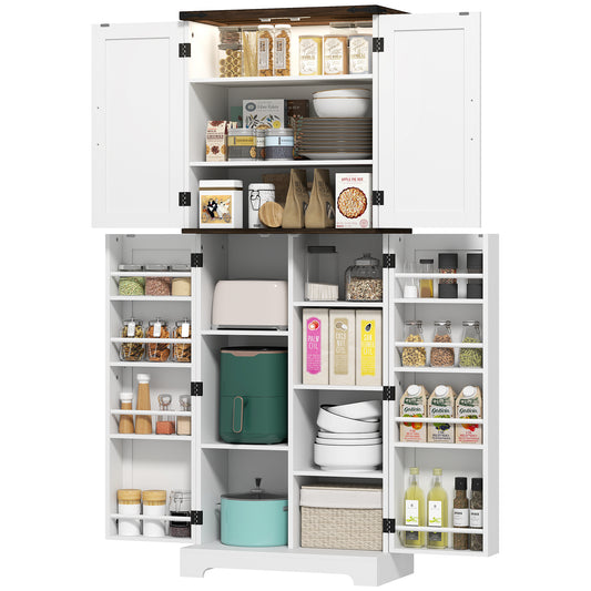 64" Tall Kitchen Pantry Cabinet With Motion Sensor Light, Spice Racks And Adjustable Shelves, White